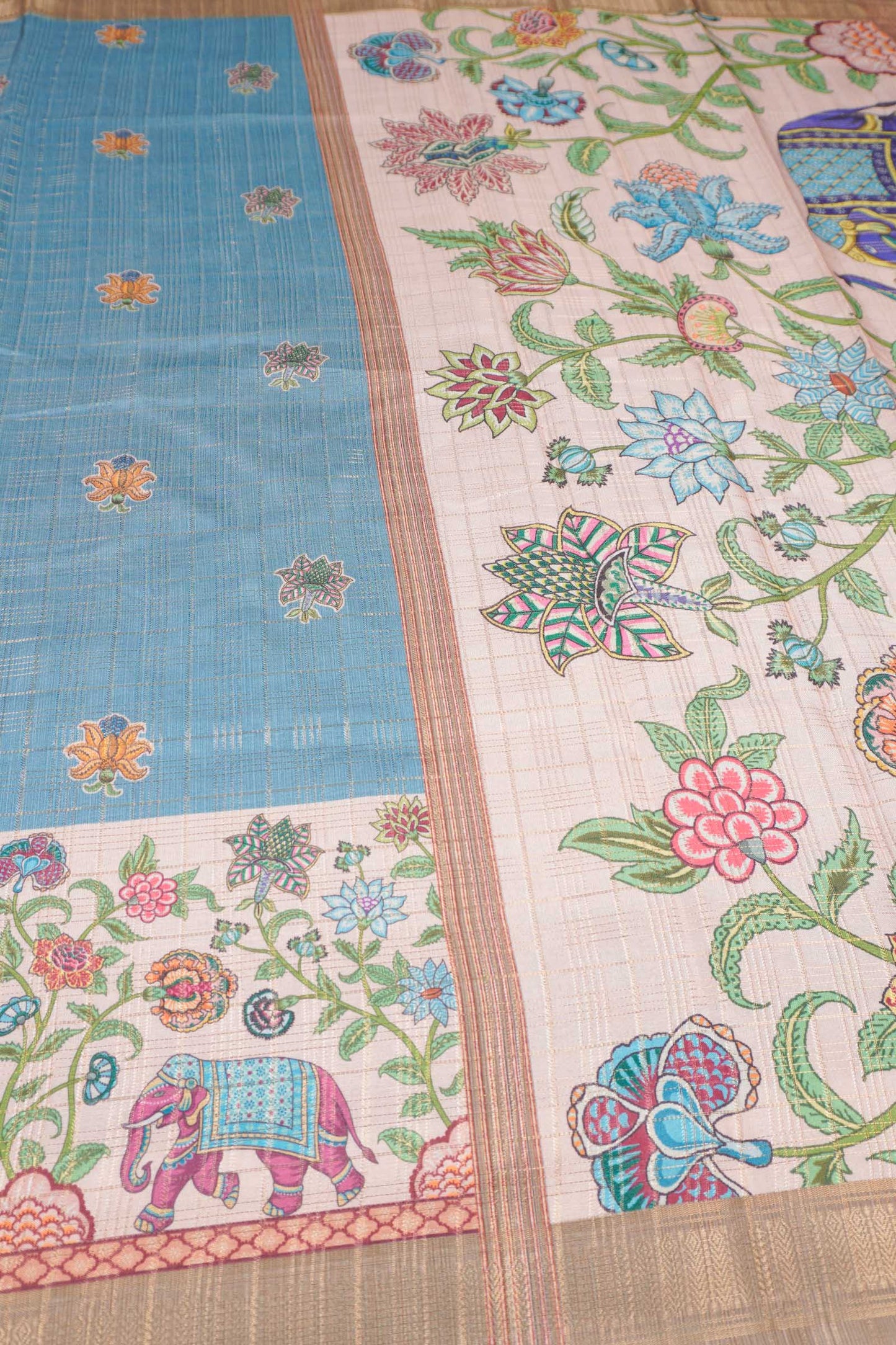 Blue Printed Cotton Butta  Zari Checks Border Saree