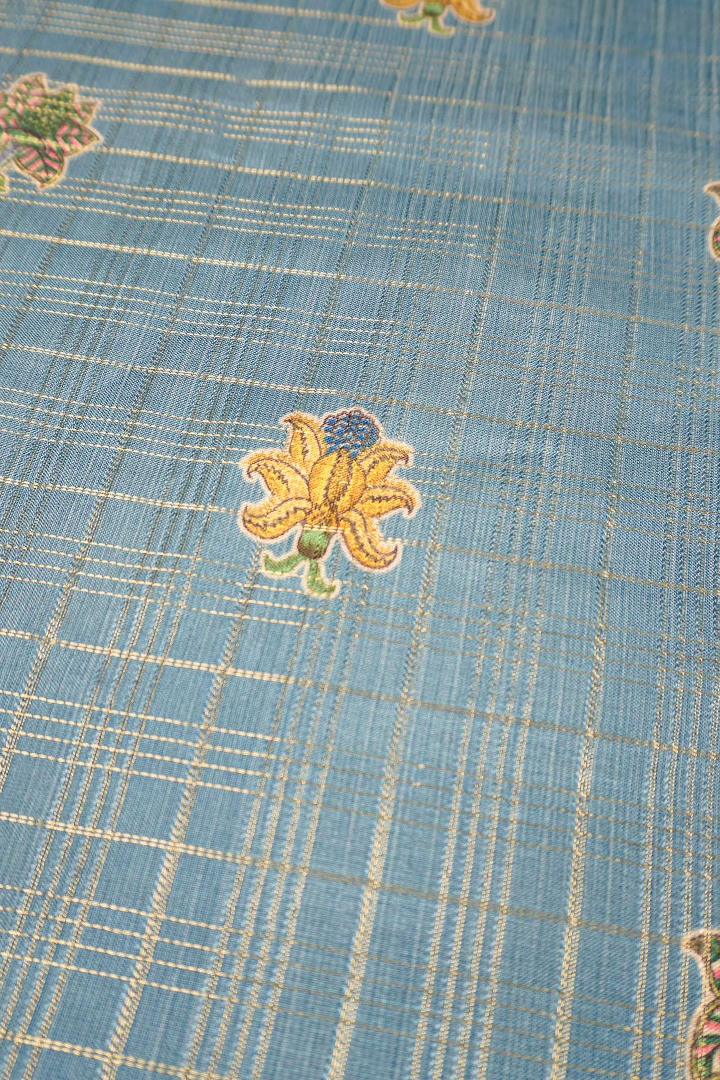 Blue Printed Cotton Butta  Zari Checks Border Saree