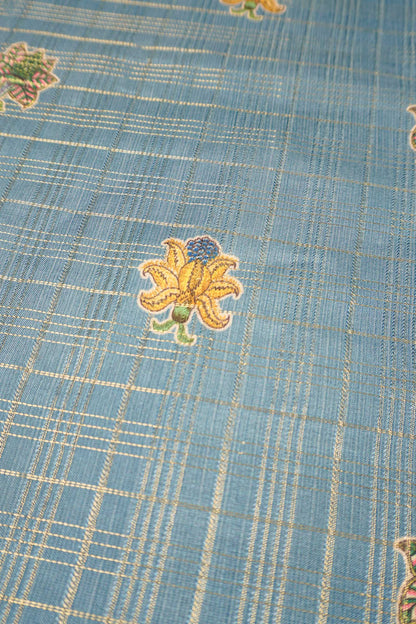 Blue Printed Cotton Butta  Zari Checks Border Saree