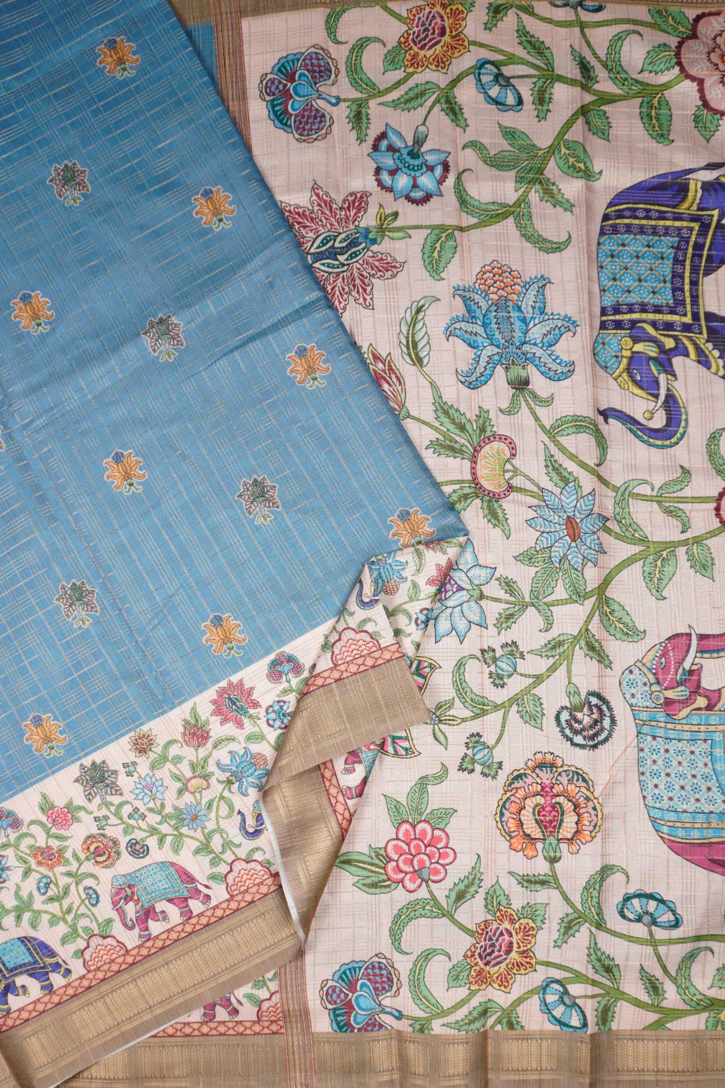 Blue Printed Cotton Butta  Zari Checks Border Saree