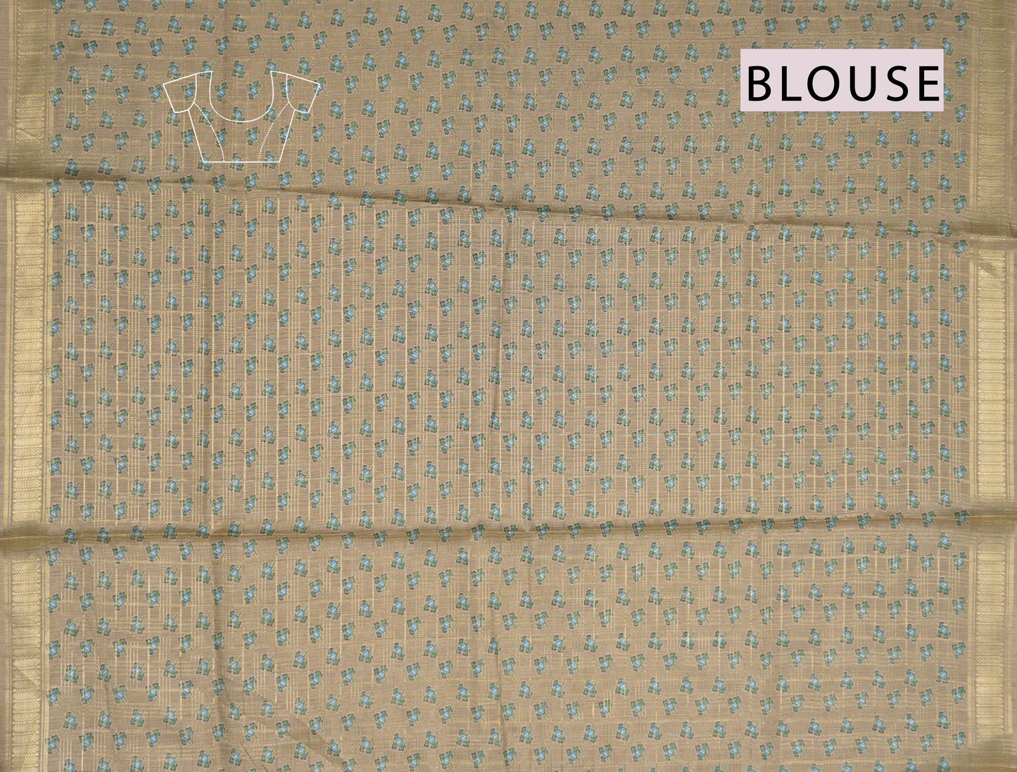 Blue Printed Cotton Butta  Zari Checks Border Saree