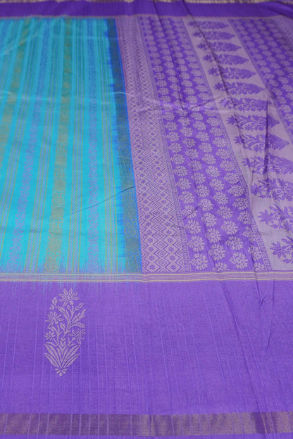 Blue Printed Cotton Zari Lines Butta Contrast Border Saree