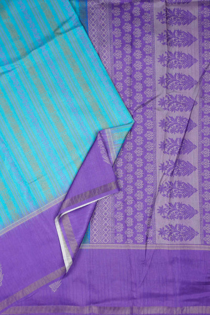 Blue Printed Cotton Zari Lines Butta Contrast Border Saree