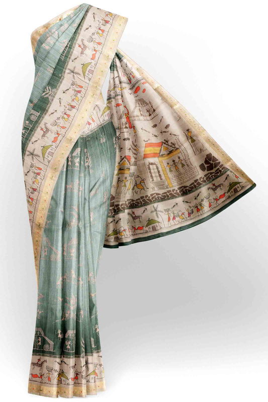 Green Ash Warli Village Print Border Saree