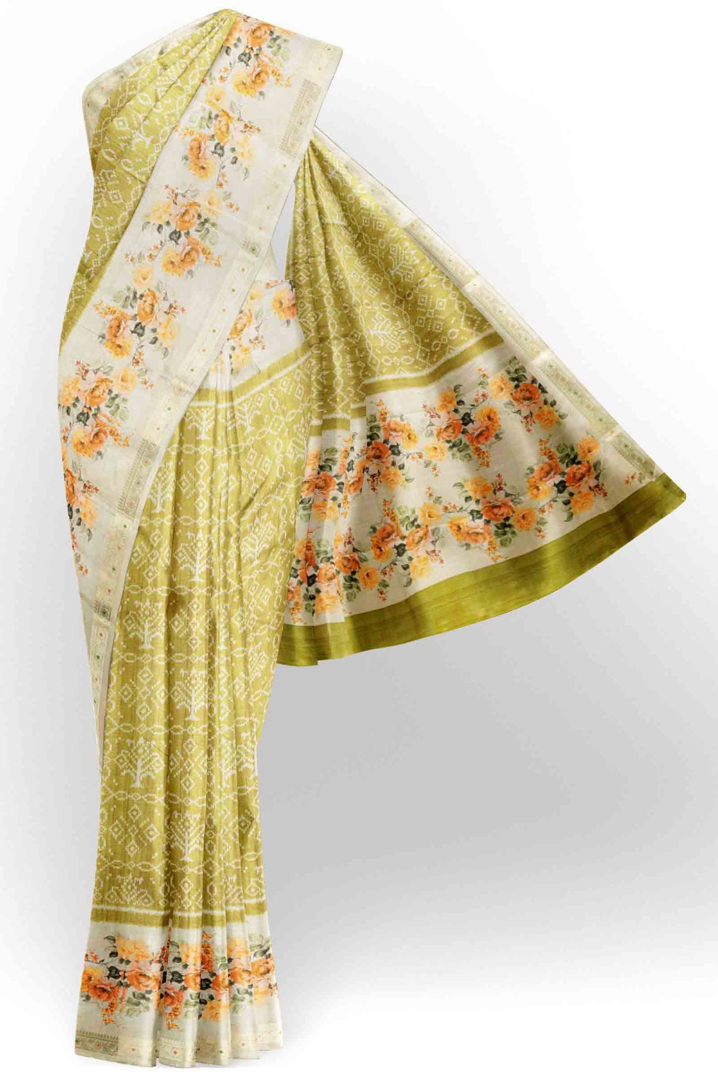 Green Printed Rangoli Print Floral Border Saree