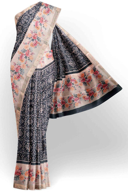 Black Printed Rangoli Print Floral Border Saree NAA234