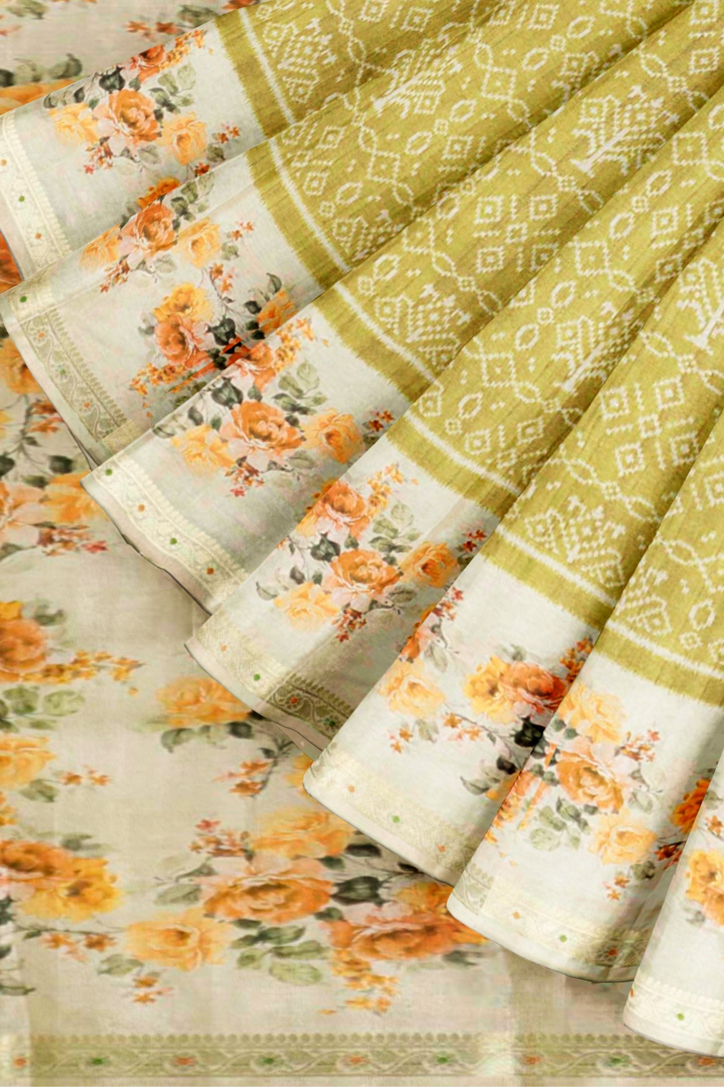 Green Printed Rangoli Print Floral Border Saree