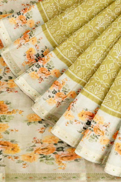 Green Printed Rangoli Print Floral Border Saree