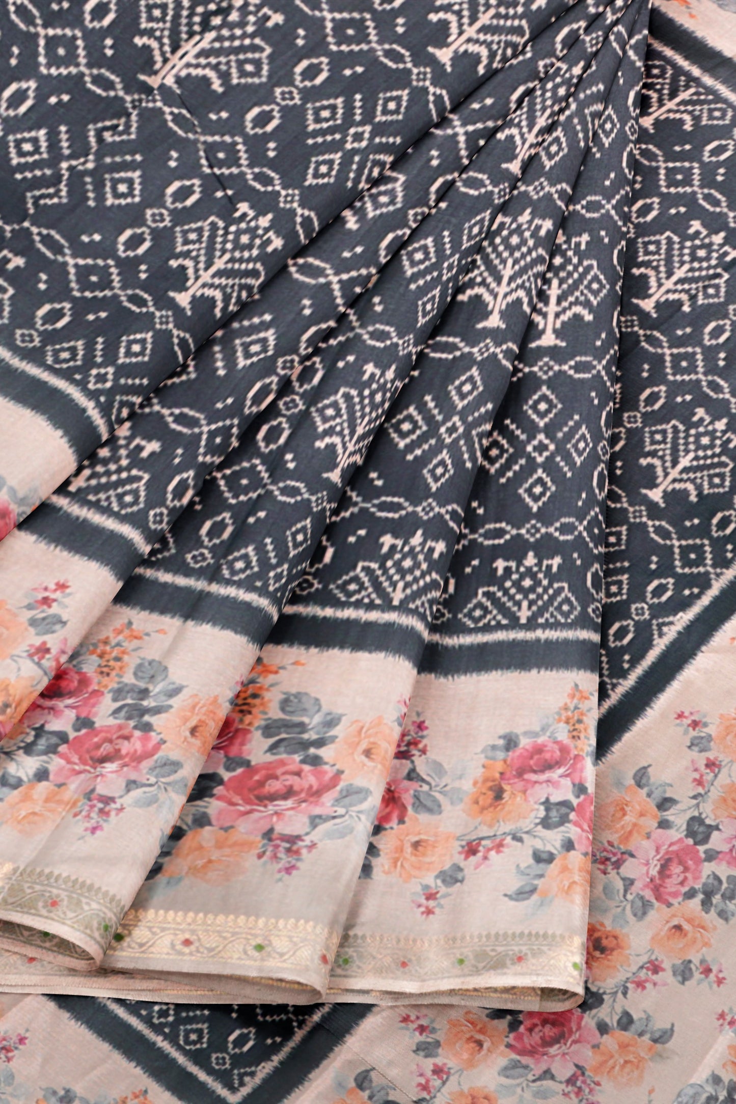 Black Printed Rangoli Print Floral Border Saree NAA234