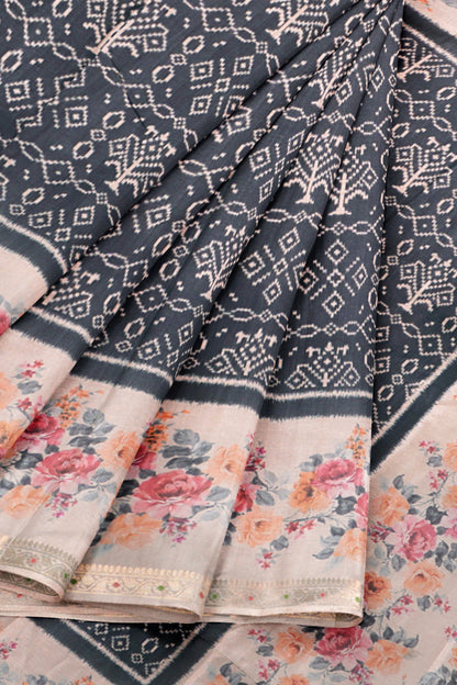 Black Printed Rangoli Print Floral Border Saree NAA234