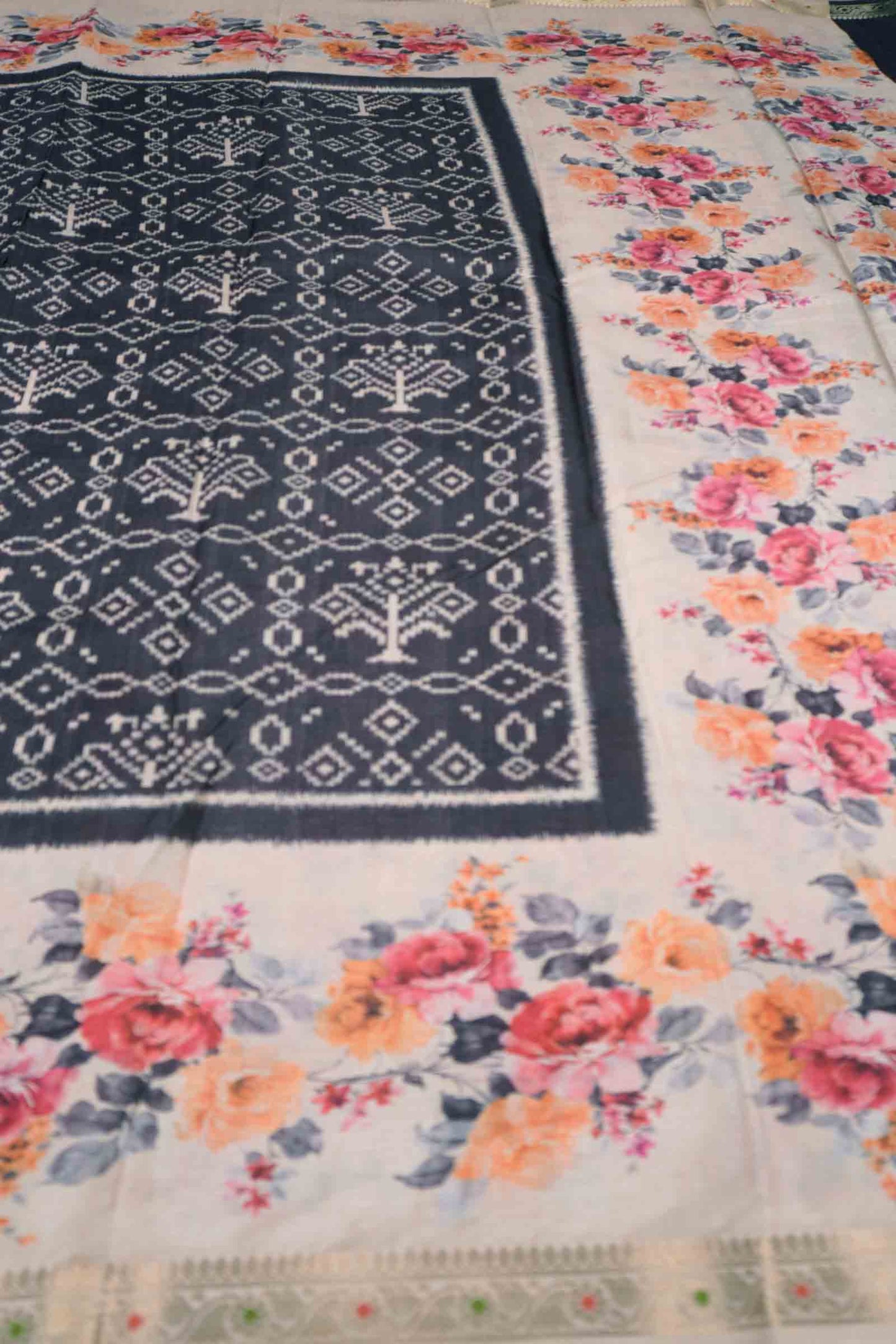 Black Printed Rangoli Print Floral Border Saree NAA234