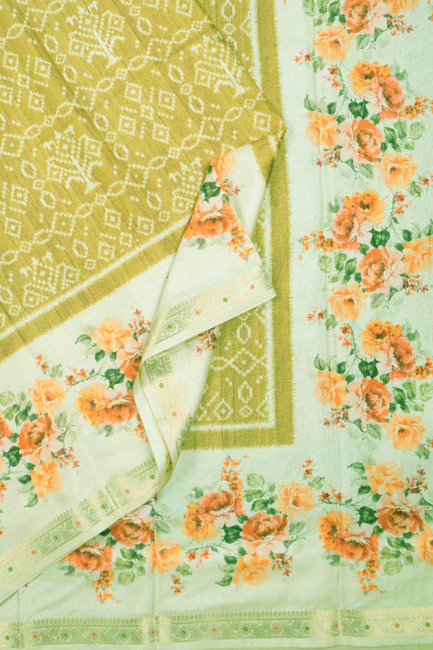 Green Printed Rangoli Print Floral Border Saree