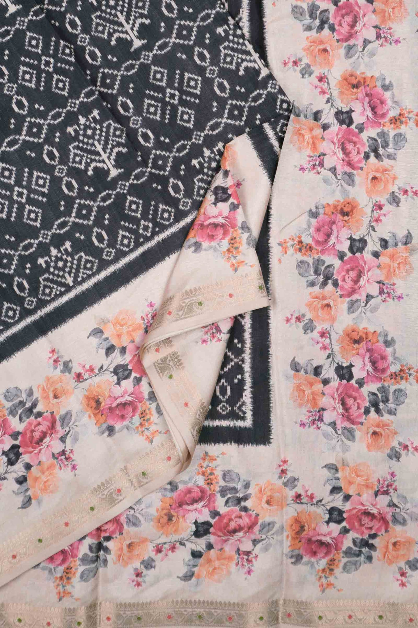 Black Printed Rangoli Print Floral Border Saree NAA234