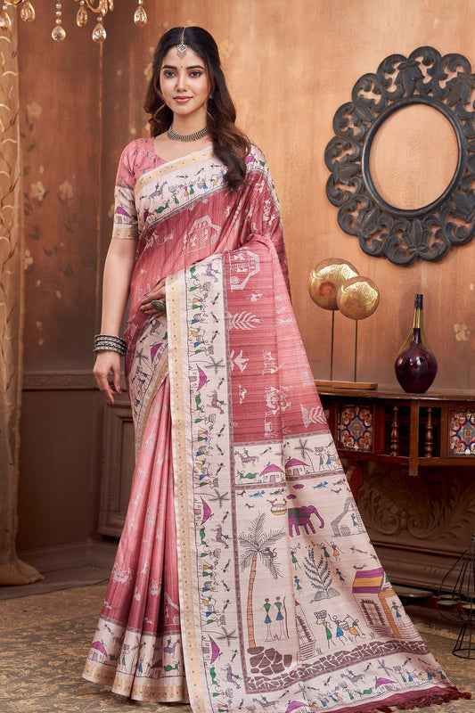 Baby Pink With Ash Warli Village Saree NAA235