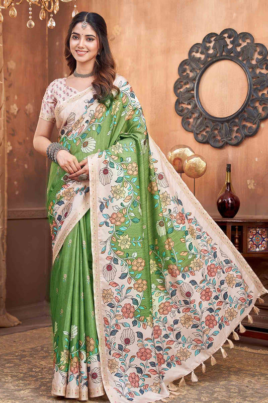 Green Printed Pleasent Garden Print Floral Border Saree NAA237