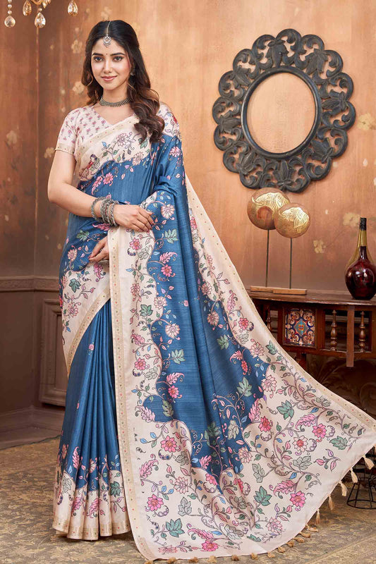 Blue Pleasant Garden Print Floral Border Saree NAA236