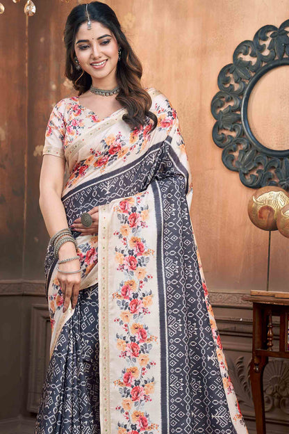 Black Printed Rangoli Print Floral Border Saree NAA234
