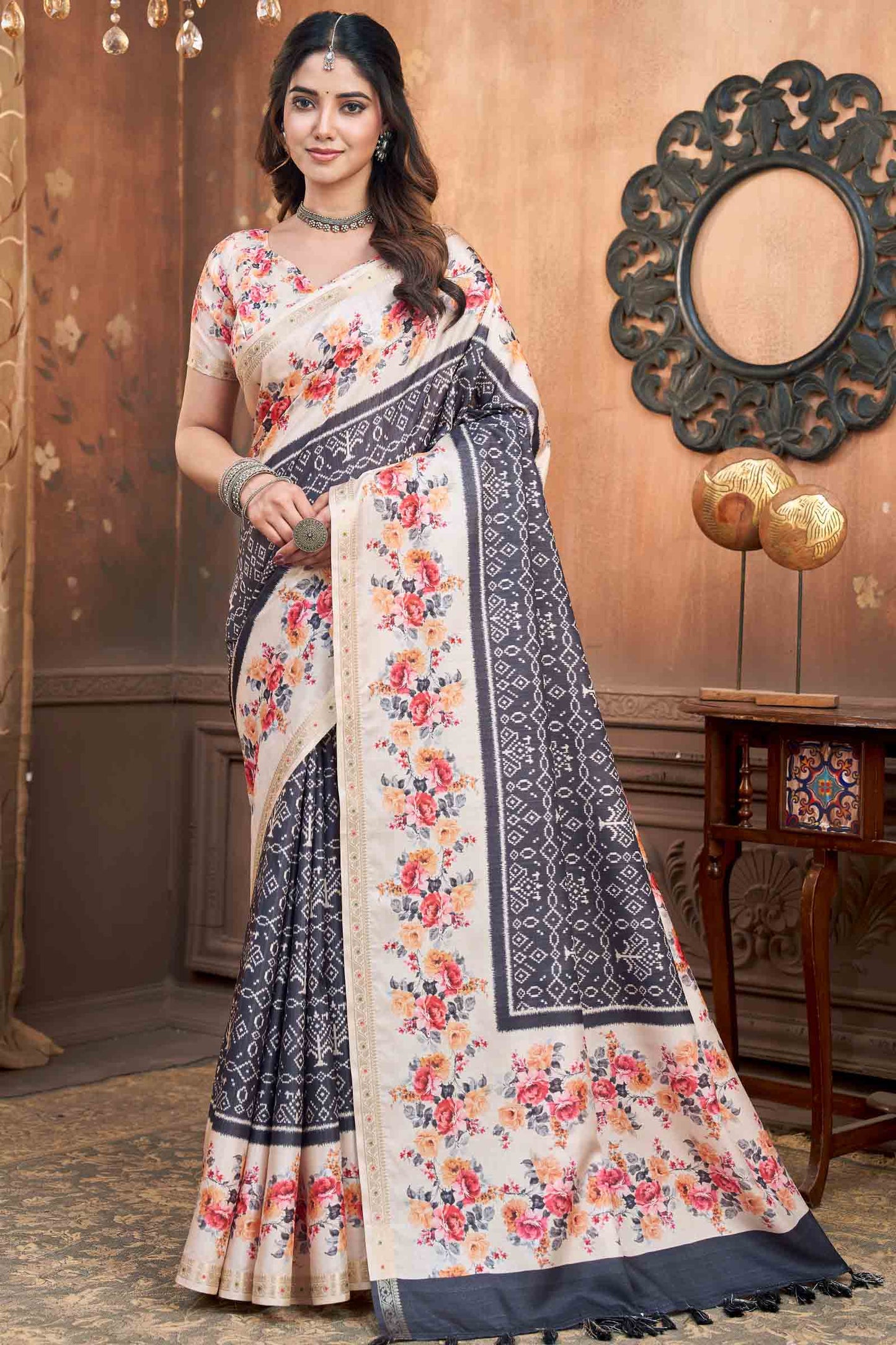 Black Printed Rangoli Print Floral Border Saree NAA234