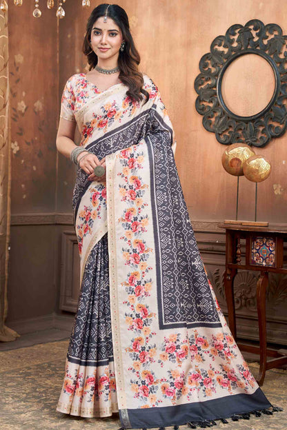 Black Printed Rangoli Print Floral Border Saree NAA234