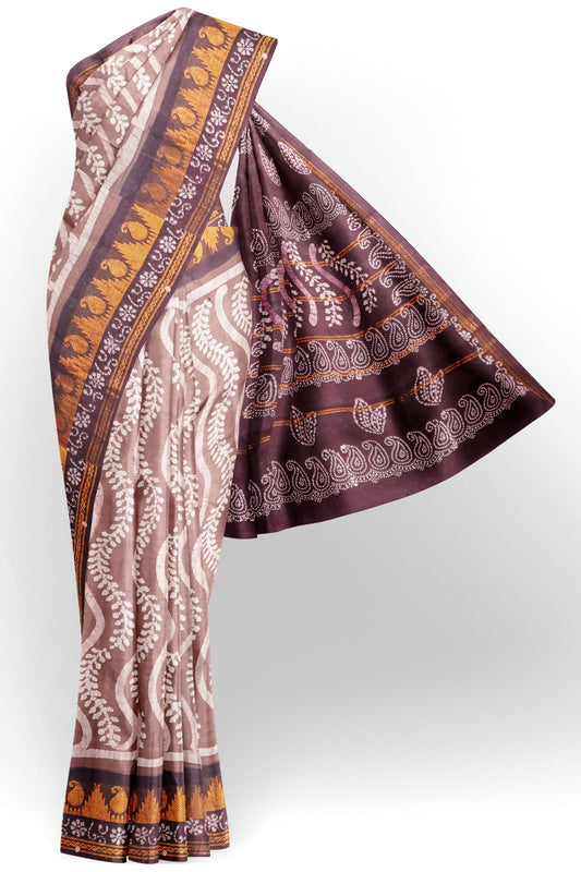 Beige Brown Pure Sungudi Cotton Copper Paisely Tower Zari Border Saree