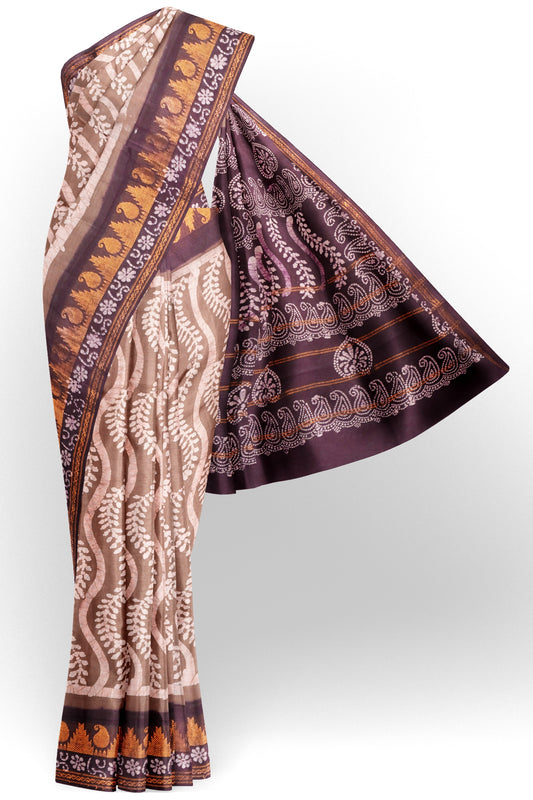 Beige Brown Pure Sungudi Cotton Spring Climbers Copper Zari Border Saree