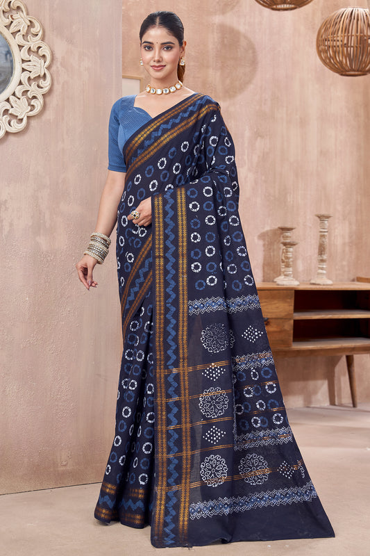 Navy Blue Pure Sungudi Cotton Galaxy Rings Zari Border Saree NAA243