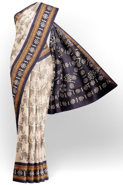 Off White Pure Sungudi Cotton Meena Elephant Prints Zari Border Saree NAA244