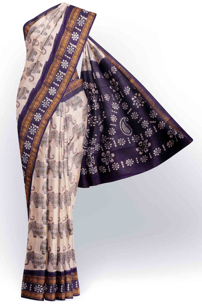 Off White Pure Sungudi Cotton Elephant Parade Zari Border Saree NAA244
