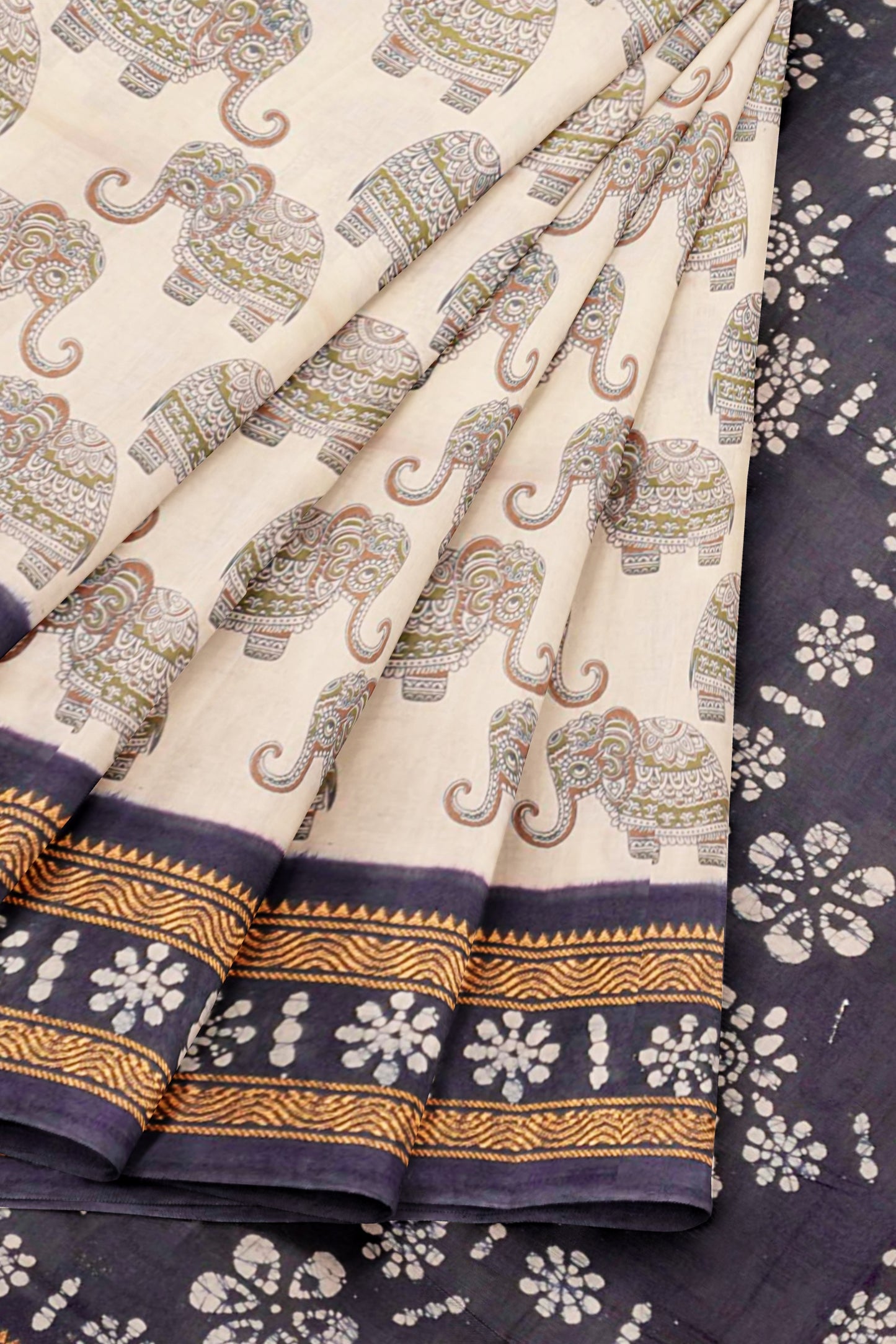 Off White Pure Sungudi Cotton Meena Elephant Prints Zari Border Saree NAA244
