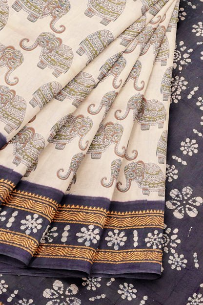Off White Pure Sungudi Cotton Meena Elephant Prints Zari Border Saree NAA244