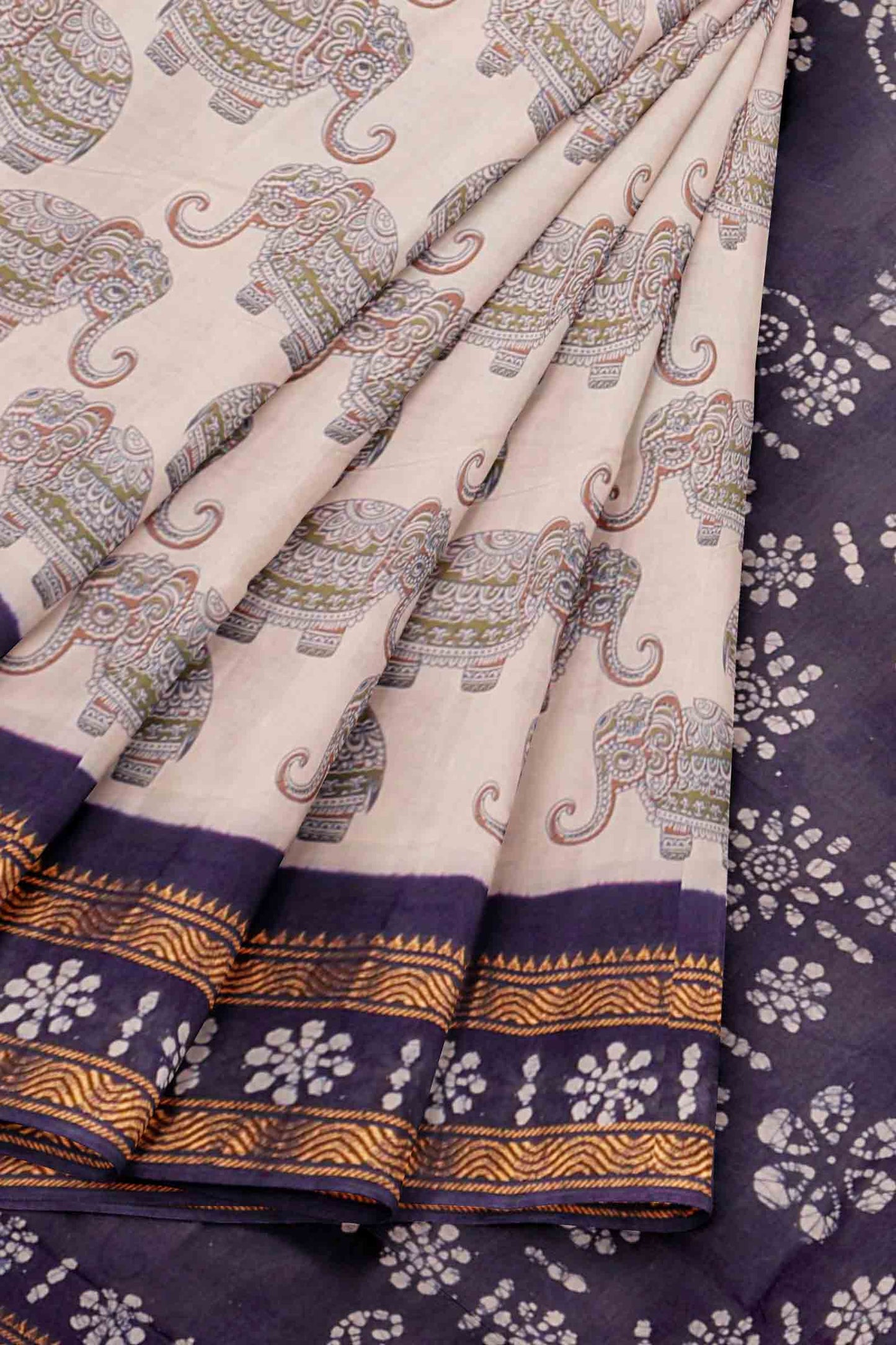 Off White Pure Sungudi Cotton Elephant Design Double Zari Border Saree NAA244