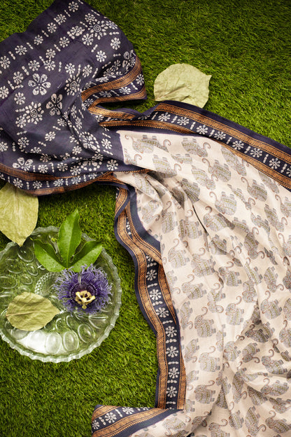 Off White Pure Sungudi Cotton Meena Elephant Prints Zari Border Saree NAA244