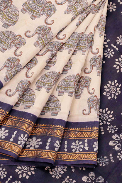 Off White Pure Sungudi Cotton Elephant Design Floral Rangoli Pallu Saree NAA244