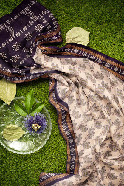 Off White Pure Sungudi Cotton Elephant Design Paisely Pallu Saree NAA244