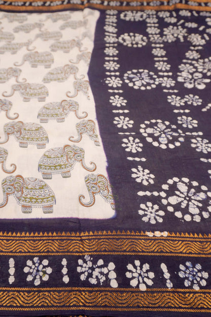 Off White Pure Sungudi Cotton Meena Elephant Prints Zari Border Saree NAA244