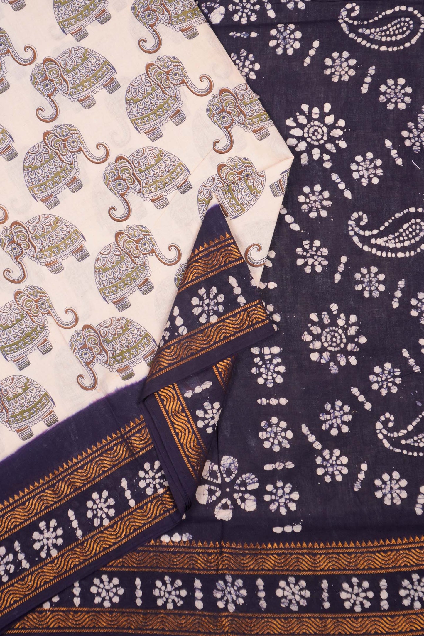 Off White Pure Sungudi Cotton Elephant Parade Zari Border Saree NAA244