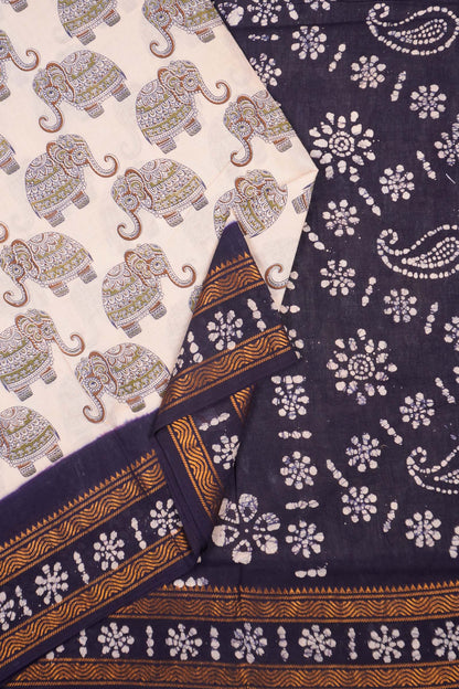 Off White Pure Sungudi Cotton Elephant Parade Zari Border Saree NAA244