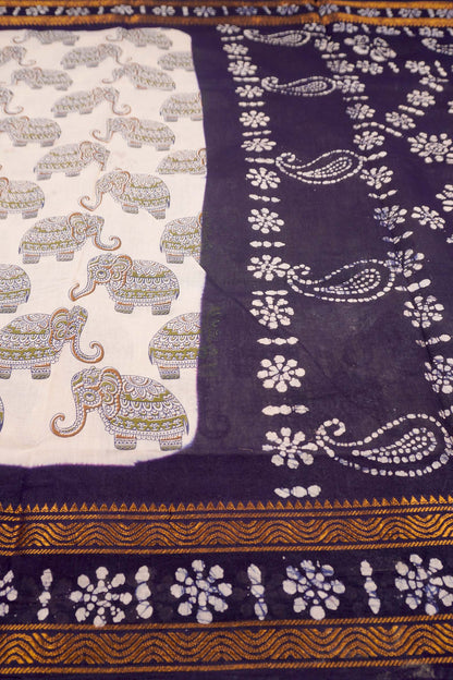 Off White Pure Sungudi Cotton Elephant Design Double Zari Border Saree NAA244