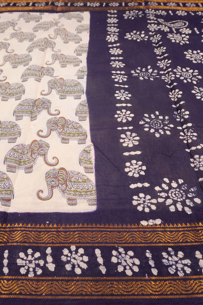 Off White Pure Sungudi Cotton Elephant Design Floral Rangoli Pallu Saree NAA244