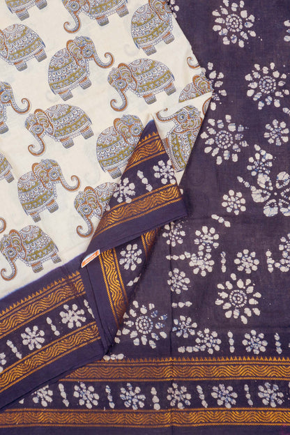 Off White Pure Sungudi Cotton Elephant Design Floral Rangoli Pallu Saree NAA244