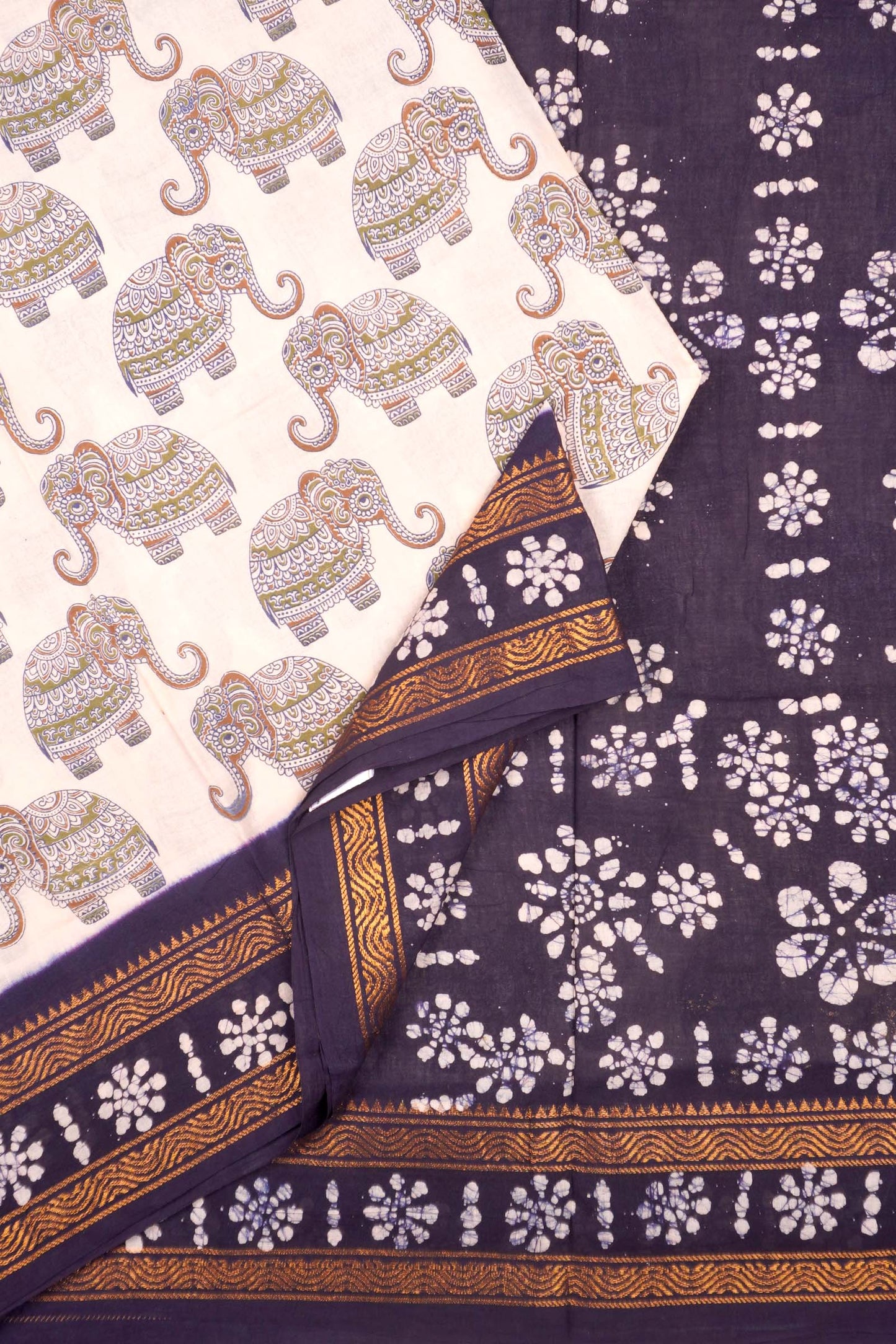 Off White Pure Sungudi Cotton Meena Elephant Prints Zari Border Saree NAA244