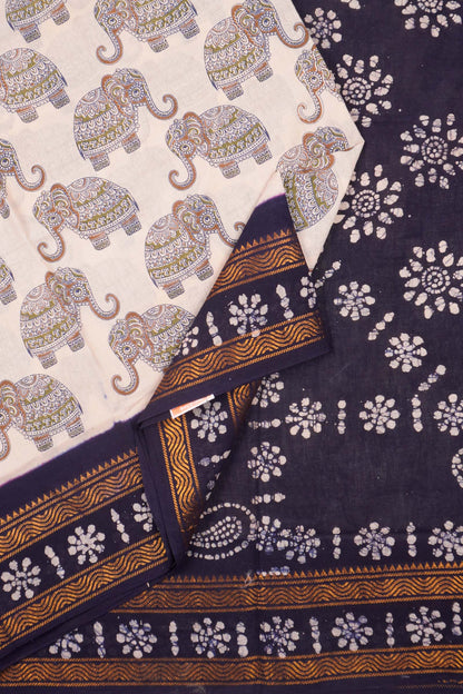 Off White Pure Sungudi Cotton Elephant Design Double Zari Border Saree NAA244