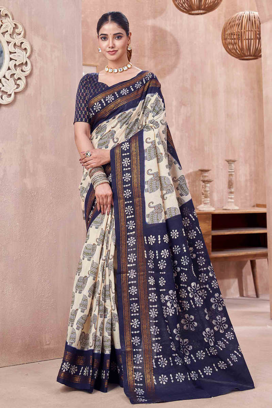 Off White Pure Sungudi Cotton Elephant Prints Star Border Saree NAA244