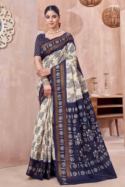 Off White Pure Sungudi Cotton Elephant Design Floral Rangoli Pallu Saree NAA244