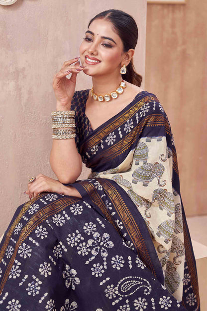 Off White Pure Sungudi Cotton Elephant Design Paisely Pallu Saree NAA244