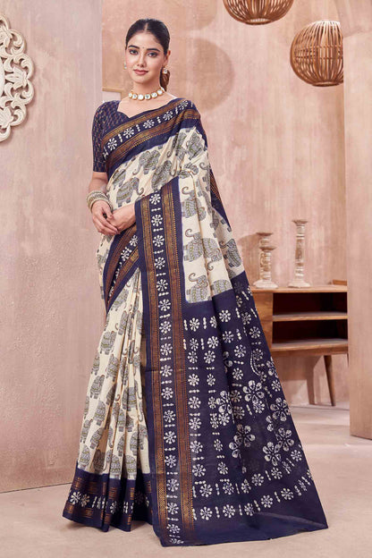 Off White Pure Sungudi Cotton Elephant Parade Zari Border Saree NAA244