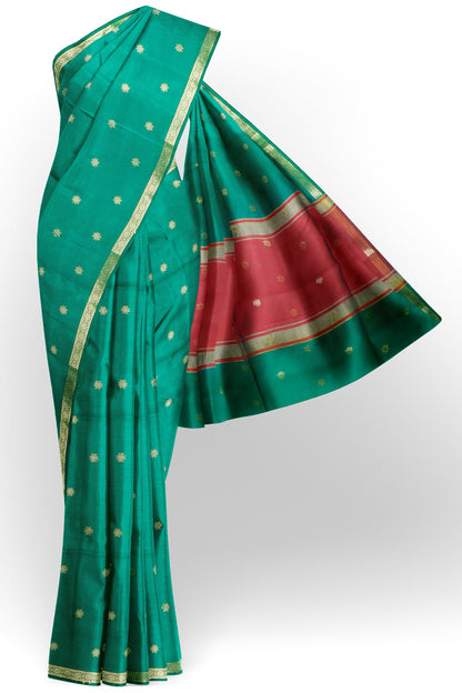 Green Semi Maheswari Cotton Sampada Puspa Butta Contrast Pallu Saree
