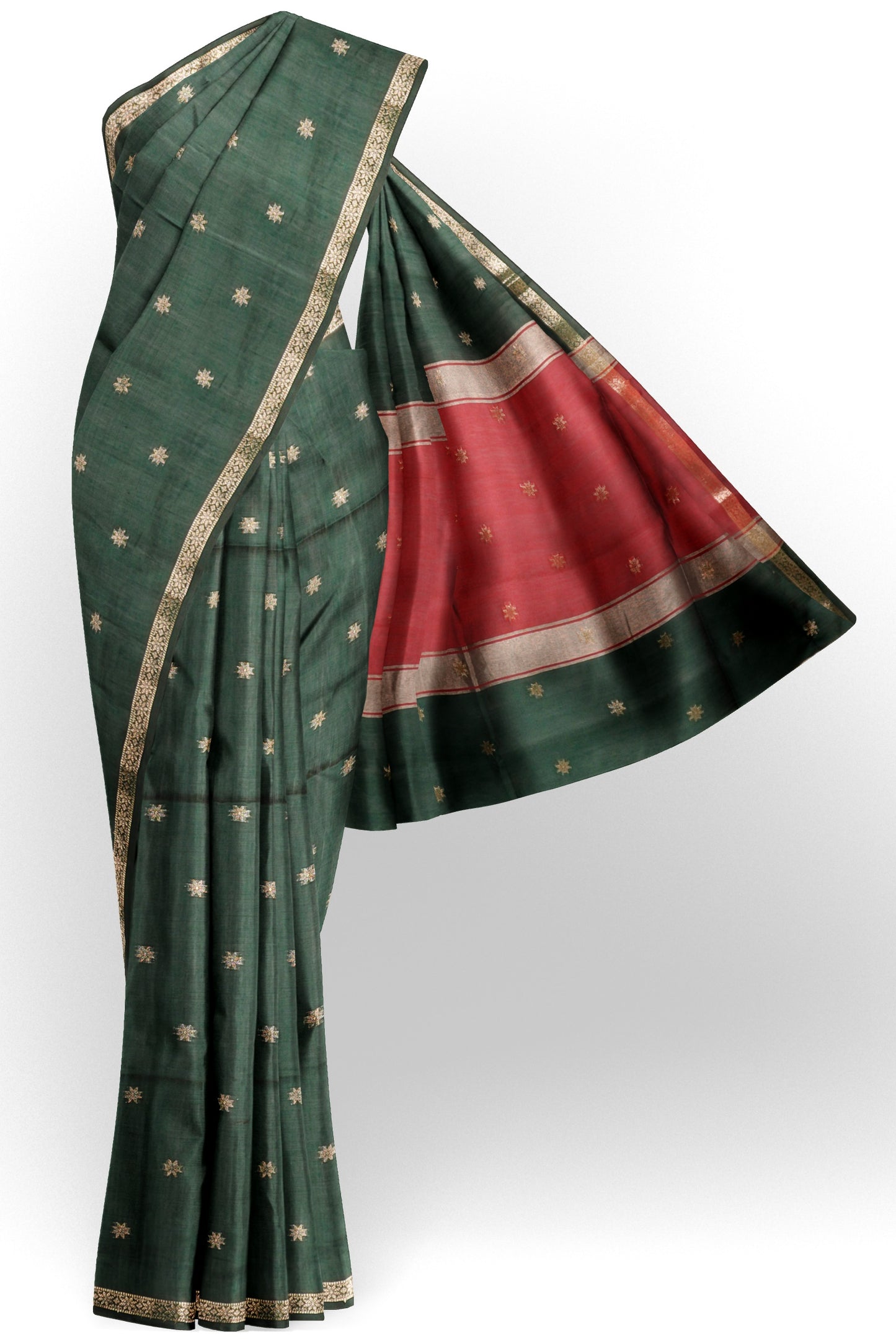 Green Semi Maheswari Cotton Sampada Puspa Butta Contrast Pallu Saree