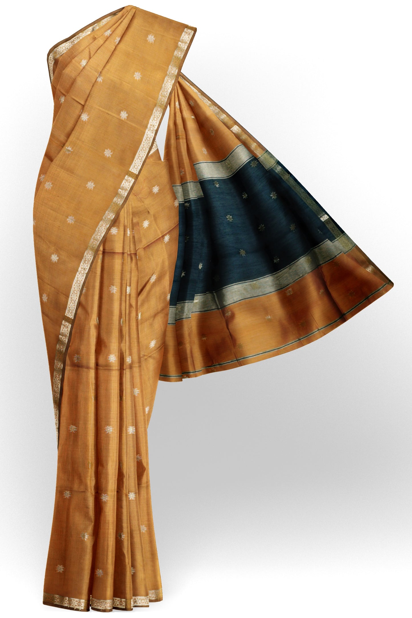 Dark Mustard Yellow Semi Maheswari Cotton Sampada Puspa Butta Contrast Pallu Saree