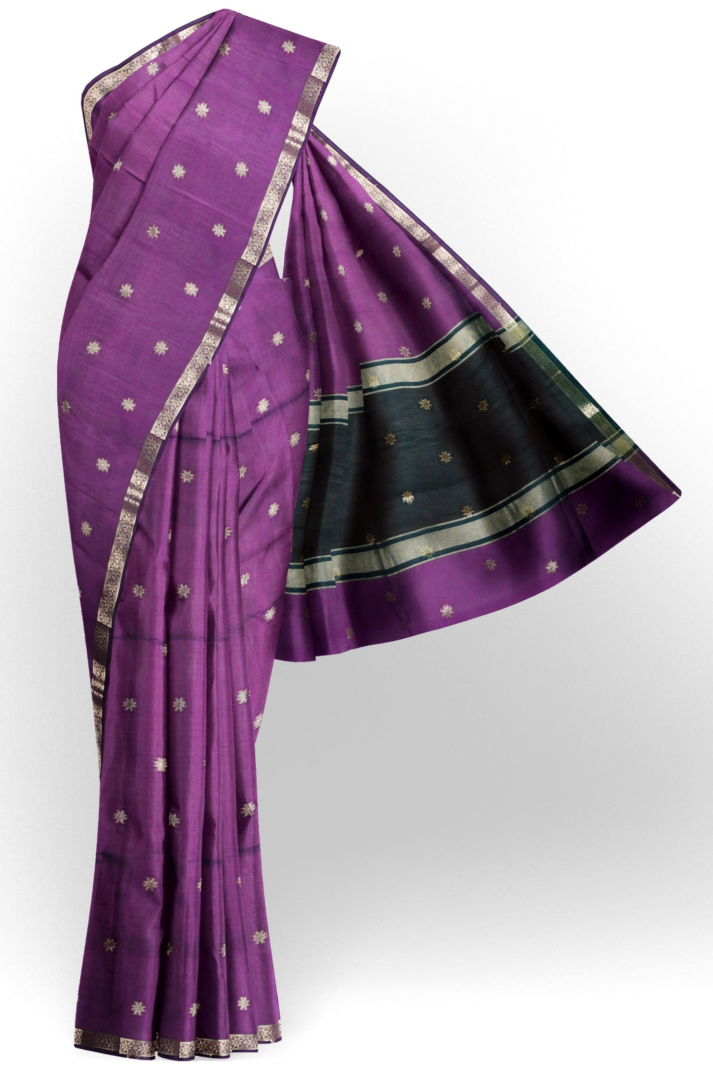 Purple Semi Maheswari Cotton Sampada Puspa Butta Black Contrast Pallu Saree